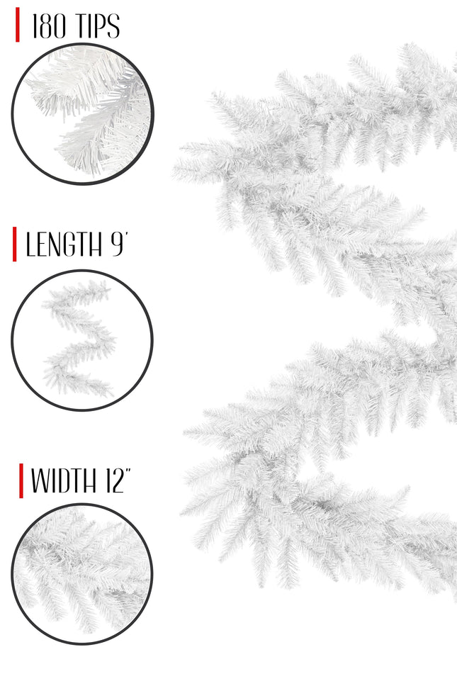 9' White Tapered Salem Pine Garland