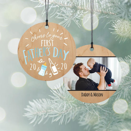 Here's To Your First Father's Day Photo Personalized Wood Ornament - COLOR - Blue created by ORNAMENT SHOP