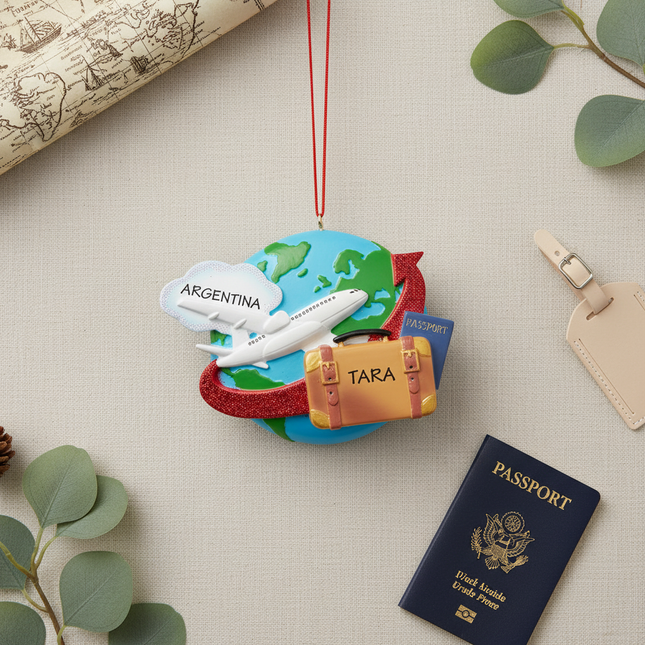 Travel Ornament premium flatlay with vintage map and passport props