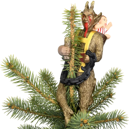 Krampus Christmas tree topper featuring a horned folklore figure with a long red tongue, black chain, branches, and child on his back.