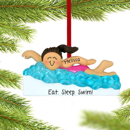 Learning to Swim Boy or Girl Personalized Ornament - GENDER & HAIR COLOR - Girl / Brunette created by ORNAMENT CENTRAL and designed by Ornament Shop