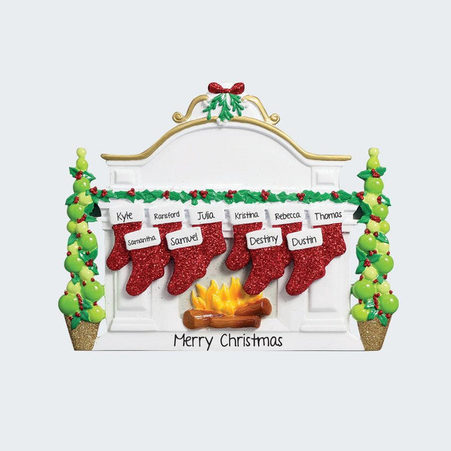 Mantel with Stockings Personalized Tabletop Ornament - 4, 5, 6, 7, 8, 9, 10 Stockings - FAMILY - 10 Family Members created by RUDOLPH AND ME and designed by Ornament Shop