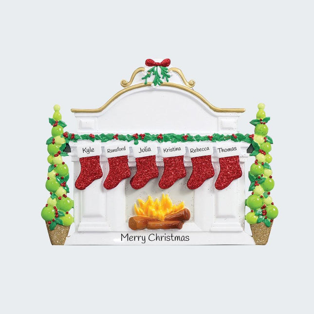 Mantel with Stockings Personalized Tabletop Ornament - 4, 5, 6, 7, 8, 9, 10 Stockings - FAMILY - 6 Family Members created by RUDOLPH AND ME and designed by Ornament Shop