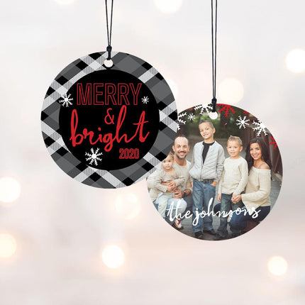 "Merry & Bright" Plaid Family Personalized Photo Wood Ornament