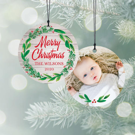Merry Christmas Family Wreath Photo Personalized Wood Ornament created by ORNAMENT SHOP