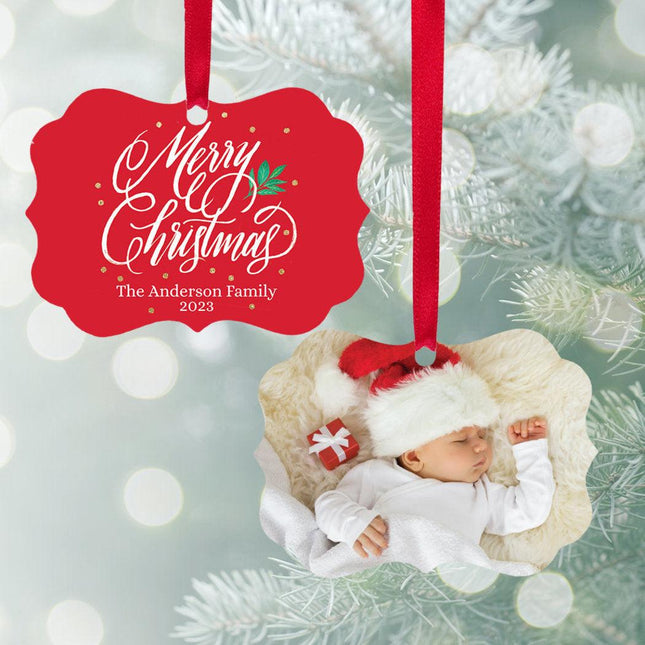 Merry Christmas Family Personalized Photo Metal Ornament - DESIGN - Red Background created by ORNAMENT SHOP