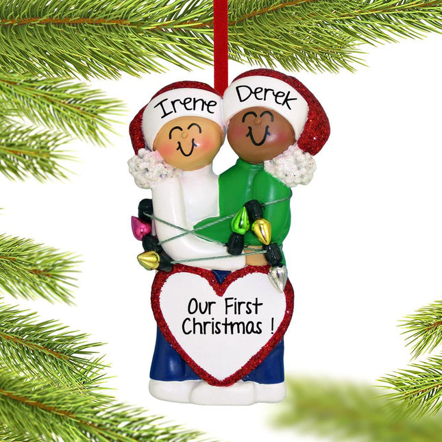 Mixed Race Christmas Couple Personalized Ornament - GENDER & HAIR COLOR - Female Blonde & Male Ethnic created by ORNAMENT SHOP