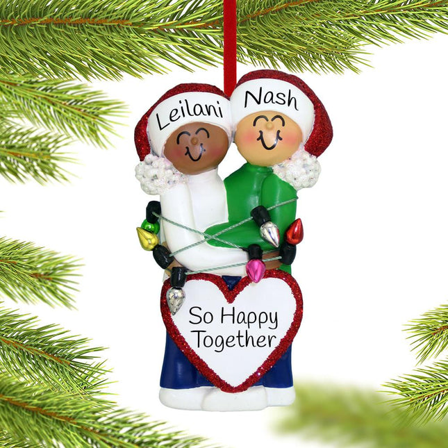 Mixed Race Christmas Couple Personalized Ornament - GENDER & HAIR COLOR - Male Ethnic & Female Blonde created by ORNAMENT SHOP
