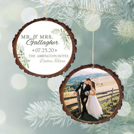 Mr. & Mrs. Botanical Wedding Photos Personalized Wood Ornament created by ORNAMENT SHOP