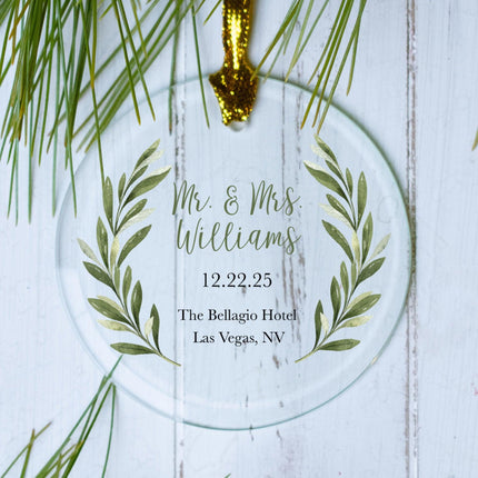 Mr & Mrs Personalized Wedding Personalized Glass Round Ornament - DESIGN - Green Botanical created by ORNAMENT SHOP