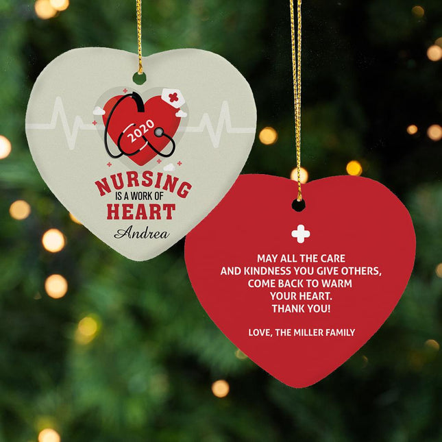 Nursing Is A Work Of Heart Personalized Ceramic Heart Ornament created by ORNAMENT SHOP