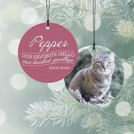 Our Favorite Hello - Cat Personalized Wood Ornament - COLOR - Pink created by ORNAMENT SHOP