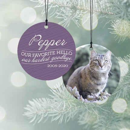Our Favorite Hello - Cat Personalized Wood Ornament - COLOR - Purple created by ORNAMENT SHOP