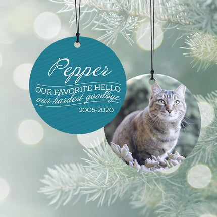 Our Favorite Hello - Cat Personalized Wood Ornament - COLOR - Blue created by ORNAMENT SHOP