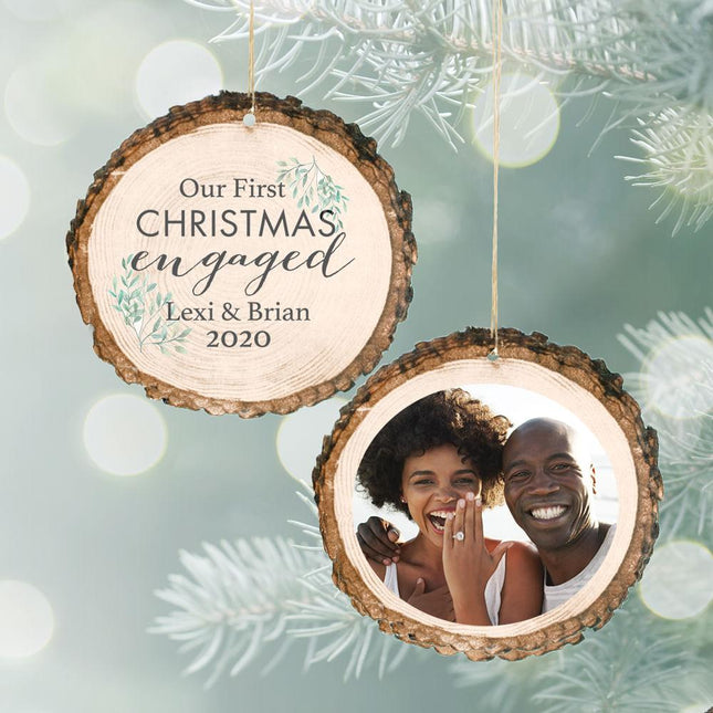 Our First Christmas Engaged Photo Personalized Wood Ornament created by ORNAMENT SHOP