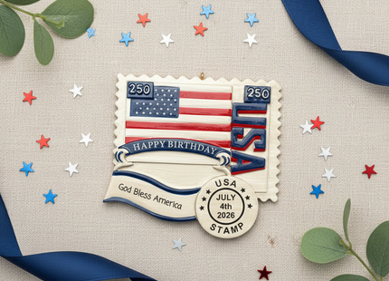 Personalized 250th Birthday USA Stamp Ornament Flatlay