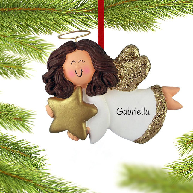 Angel with Gold Star - Girl Christmas Ornament - HAIR COLOR - Brunette created by ORNAMENT SHOP