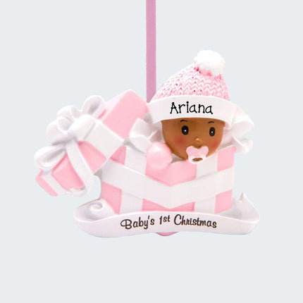 Baby Girl First Christmas Present Christmas Ornament - HAIR COLOR - Black created by ORNAMENT SHOP