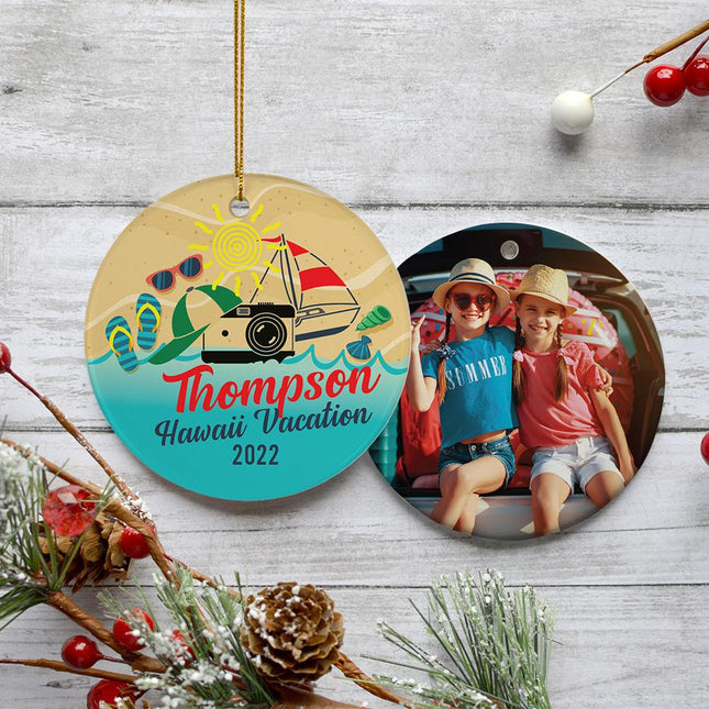 Beach Vacation Travel Photo Christmas Ornament - DESIGN - Blue Background created by ORNAMENT SHOP
