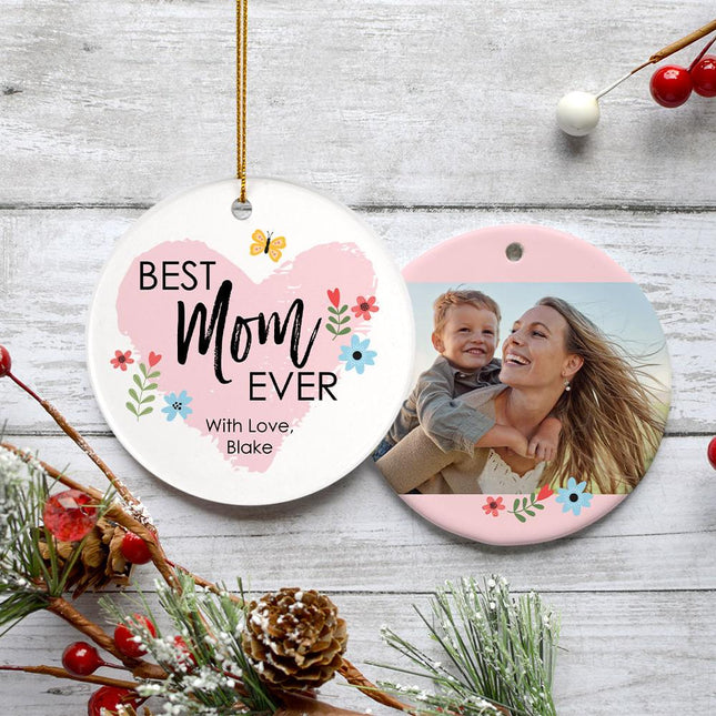 Best Mom Ever Photo Personalized Ceramic Round Ornament - DESIGN - Pink Backgournd created by ORNAMENT SHOP