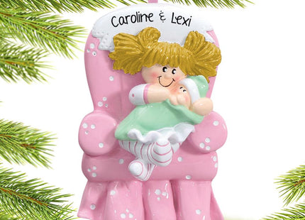Big Sister with Baby in Pink Armchair Christmas Ornament