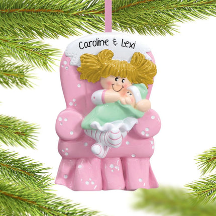 Big Sister with Baby in Pink Armchair Christmas Ornament - HAIR COLOR - Blonde created by RUDOLPH AND ME and designed by Ornament Shop