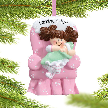 Big Sister with Baby in Pink Armchair Christmas Ornament - HAIR COLOR - Brunette created by RUDOLPH AND ME and designed by Ornament Shop