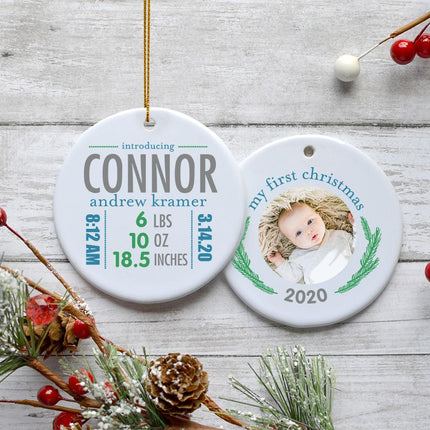Birth Stats Boy or Girl Photo Personalized Ceramic Round Ornament - GENDER - Boy created by ORNAMENT SHOP