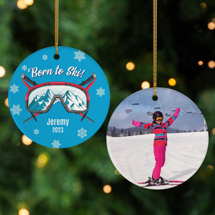 Born to Ski Christmas Ornament - DESIGN - Light Blue Background created by ORNAMENT SHOP