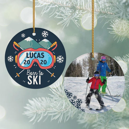 Born to Ski Christmas Ornament - DESIGN - Dark Blue Background created by ORNAMENT SHOP