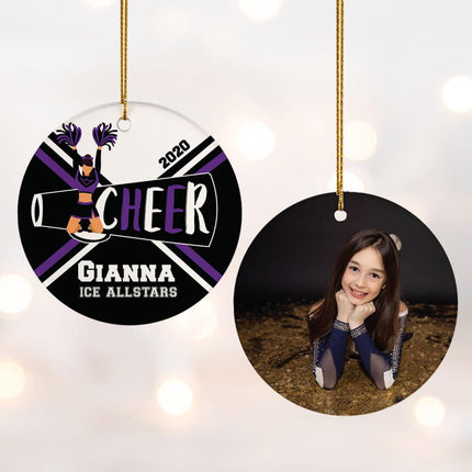 Cheer With Pom Pom Personalized Photo Ceramic Round Ornament - COLOR - Purple created by ORNAMENT SHOP
