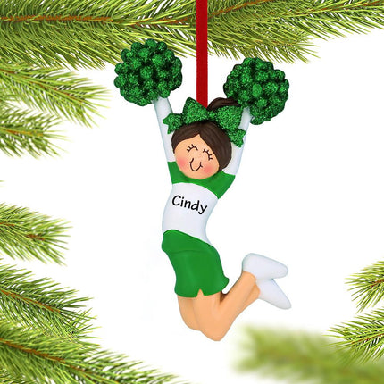 Cheerleader Green and White Uniform Christmas Ornament - HAIR COLOR - Blonde/ Green created by ORNAMENT SHOP