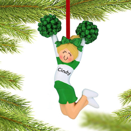 Cheerleader Green and White Uniform Christmas Ornament - HAIR COLOR - Brunette/ Green created by ORNAMENT SHOP