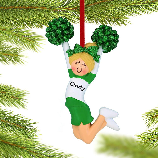 Cheerleader Green and White Uniform Christmas Ornament - HAIR COLOR - Brunette/ Green created by ORNAMENT SHOP