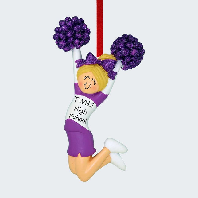 Cheerleader Purple and White Uniform Christmas Ornament - HAIR COLOR - Blonde/ Purple created by ORNAMENT SHOP