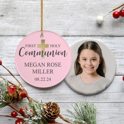 First Communion Personalized Photo Ceramic Round Ornament - DESIGN - Pink & Cross created by ORNAMENT SHOP