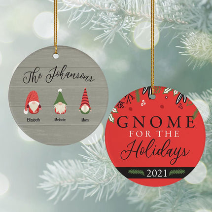 Gnome For The Holidays Personalized Ceramic Round Ornament - 3, 4, 5, 6 Family Members - FAMILY - 3 Family Members created by ORNAMENT SHOP
