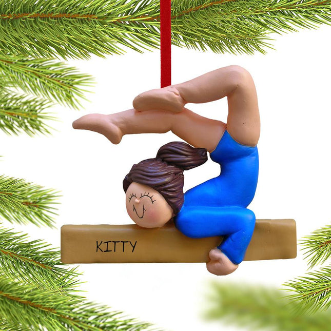 Gymnastics Girl on a Balance Beam in Blue Leotard Personalized Ornament - HAIR COLOR - Brunette created by ORNAMENT SHOP
