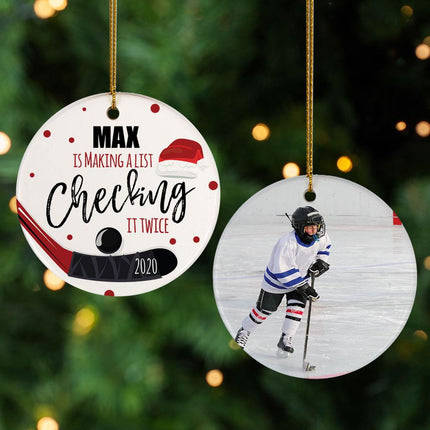 Hockey Personalized Photo Ceramic Round Ornament - DESIGN - Checking (Font Casual) created by ORNAMENT SHOP