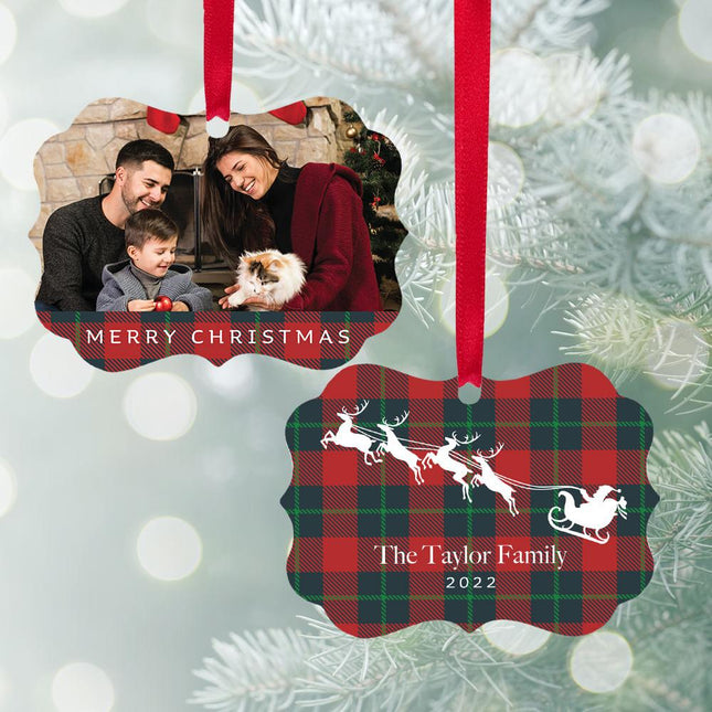 Merry Christmas Family Personalized Photo Metal Ornament - DESIGN - Tartan Background created by ORNAMENT SHOP