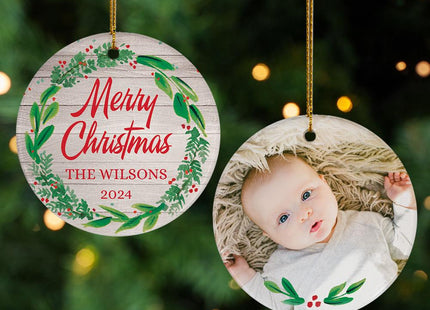 “Baby's First Christmas” Photo Personalized Ceramic Round Ornament