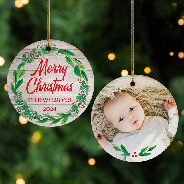 Merry Christmas Family Personalized Photo Ceramic Round Ornament - DESIGN - Wreath created by ORNAMENT SHOP