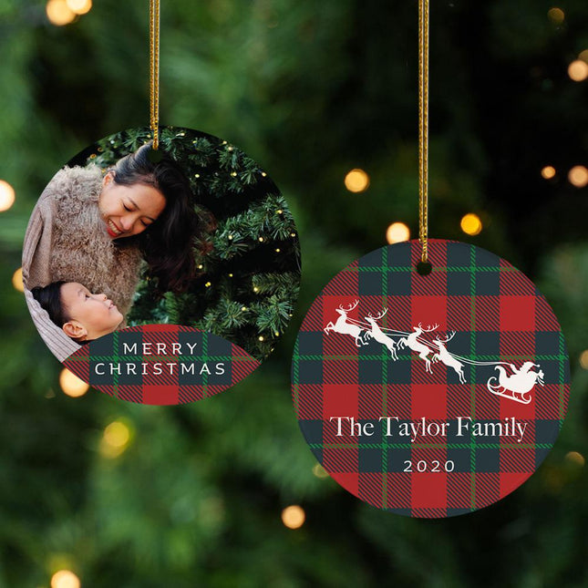 Merry Christmas Family Personalized Photo Ceramic Round Ornament - DESIGN - Tartan Background created by ORNAMENT SHOP