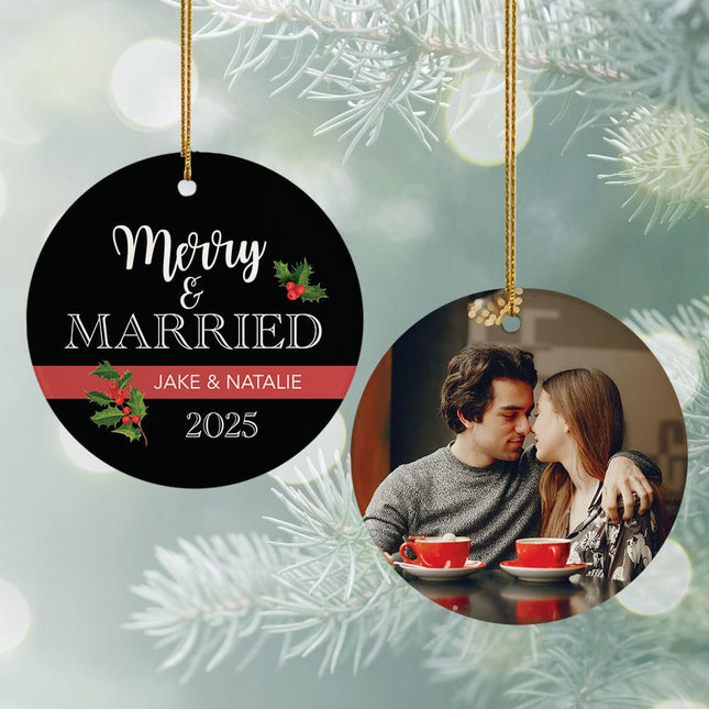Merry & Married Wedding Personalized Photo Ceramic Round Ornament - DESIGN - Black Background With Red Band created by ORNAMENT SHOP
