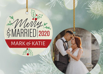 Personalized Merry & Married Wedding Photo Christmas Ornament