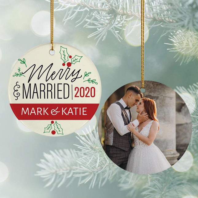 Personalized Merry & Married Wedding Photo Christmas Ornament