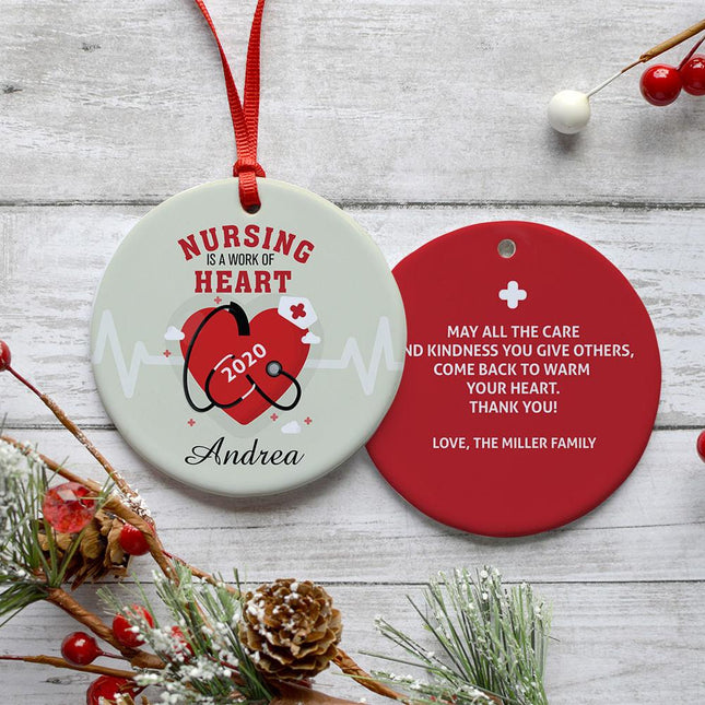 Nursing Is a Work of Heart Personalized Ceramic Round Ornament created by ORNAMENT SHOP