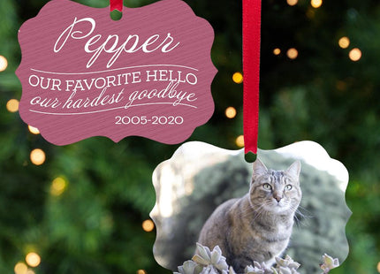 Our Favorite Hello, Our Hardest Goodbye Cat Memorial Personalized Metal Ornament