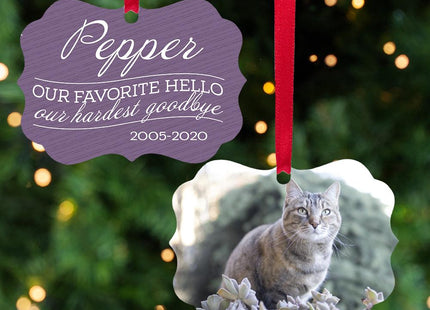 Our Favorite Hello, Our Hardest Goodbye Cat Memorial Personalized Metal Ornament