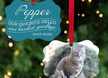 Our Favorite Hello, Our Hardest Goodbye Cat Memorial Personalized Metal Ornament